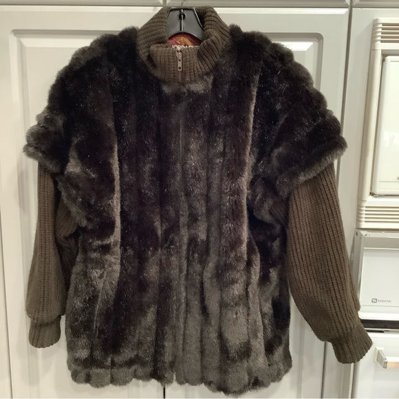 Jordache Jackets & Blazers - VTG Jordache Brown Faux Fur Full Zip Jacket Knit Sleeve Mock Collar Sz 10/12